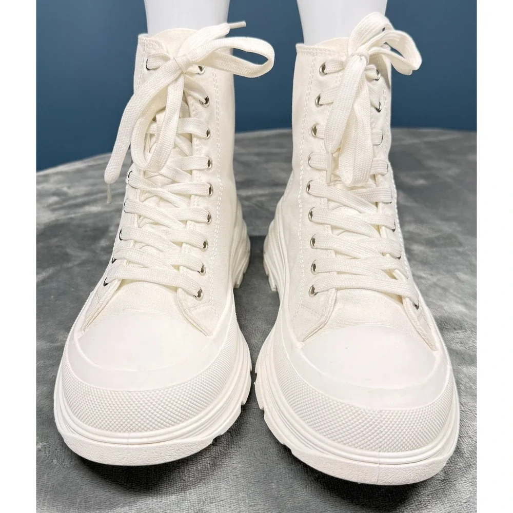 Sheln Platform Sneaker Boots Womens 9 White Canvas High Top Lace Up Chunky